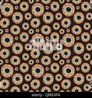 Vector abstract seamless pattern of random rainbow striped spiral circles on black background. Modern geometric pattern design. Great for fabric, home Stock Vector