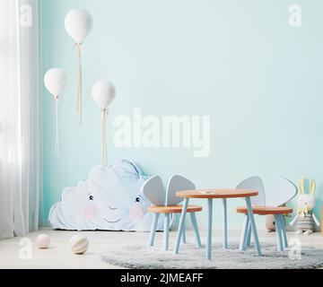 Children playroom with blue wall and kids table, children room interior mock up with soft toys and balloons, 3d rendering Stock Photo