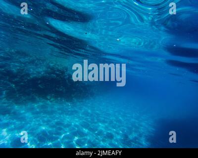Blue colored clear underwater surface texture with ripples  splashes and bubbles Stock Photo