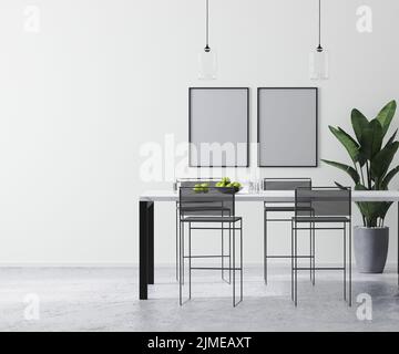 Poster frames mock up in modern bright white room interior with contemporary bar table and bar stools, , scandinavian minimalist Stock Photo