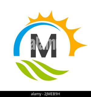 Letter M Agriculture Logo Vector Template. Agriculture Logo Concept with Green Field and Bright Sun Element Stock Vector