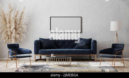 Horizontal blank poster frames on gray wall mockup in modern luxury interior design with dark blue sofa, armchairs near cofee ta Stock Photo
