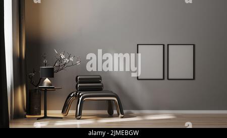 Empty poster frame on gray wall in luxury interior background in dark tones with metal armchair, frame mock up in modern interio Stock Photo