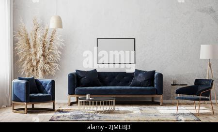 Horizontal blank poster frames on gray wall mockup in modern luxury interior design with dark blue sofa, armchairs near cofee ta Stock Photo