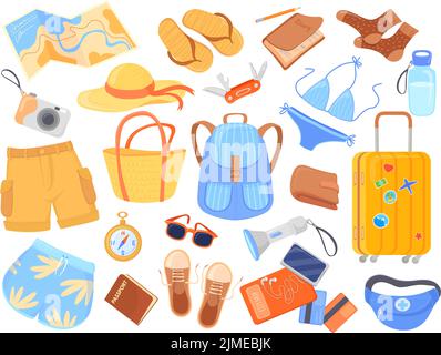 Touristic stuffs. Tourist lifestyle accessories, traveling rucksack luggage summer clothes travel trip recreation things camera passport bikini journey bag neat vector illustration Stock Vector
