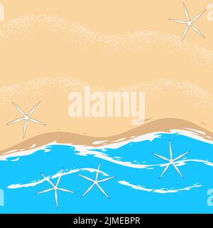Illustration with sea, waves, beach and starfish. Marine vector background. Stock Vector