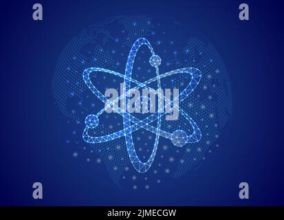 Atom 3d low poly symbol with blue world map background. Atomic neutron concept design illustration. Molecule polygonal symbol with connected dots Stock Vector