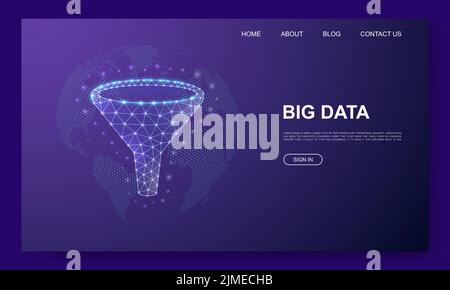 Funnel 3d low poly website template. Data filter design illustration concept. Polygonal Big data symbol for landing page, advertising page. Stock Vector