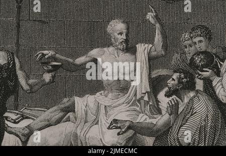 Socrates (ca. 470 BC - 399 BC). Greek philosopher. Accused of corrupting the youth, he was condemned to death by the Heliaia (Supreme Court of Ancient Athens). Death of Socrates. Detail of a engraving by A. Roca, based on the painting by Jacques-Louis David. 'Historia Universal', by César Cantú. Volume I, 1854. Author: Antonio Roca Sallent (1813-1864). Spanish engraver.