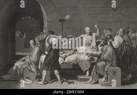 Socrates (ca. 470 BC - 399 BC). Greek philosopher. Accused of corrupting the youth, he was condemned to death by the Heliaia (Supreme Court of Ancient Athens). Death of Socrates. The scene shows Plato seated at the foot of the bed, in a meditative attitude. Engraving by A. Roca, based on the painting by Jacques-Louis David. 'Historia Universal', by César Cantú. Volume I, 1854. Author: Antonio Roca Sallent (1813-1864). Spanish engraver.