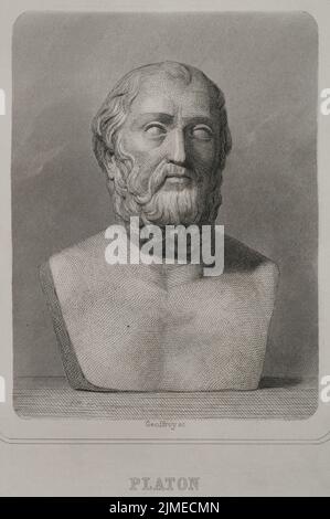 Plato (428/427 BC-348/347 BC). Greek philosopher. Portrait. Engraving by Geoffroy. 'Historia Universal', by César Cantú. Volume I, 1854. Author: Charles Geoffroy (1819-1882). French engraver.