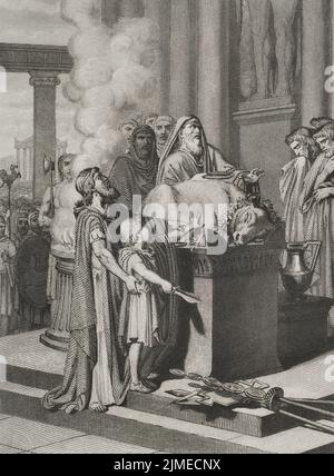 Hannibal Barca (247-183 BC). Carthaginian general and statesman. Hannibal in the Temple of Carthage with his father Hamilcar Barca, at the age of nine, taking an oath of eternal hatred of Rome by dipping his hands in the blood of the sacrificed animal. Engraving. 'Historia Universal', by César Cantú. Volume II, 1854.