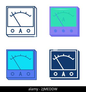 Ammeter icon set in flat and line style. Measuring instrument to measure current in circuit. Physics equipment symbol. Vector illustration. Stock Vector