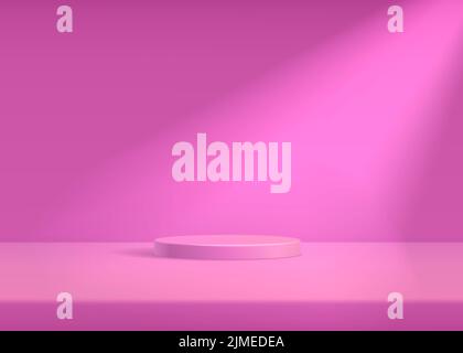 Podium platform for product presentation. Pink realistic 3d vector podium with spotlight on pink background. Stand to show cosmetic products. Stock Vector