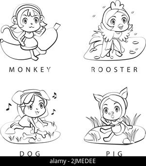 A set of chinese zodiacs outline cartoon illustrations - monkey rooster dog pig Stock Vector