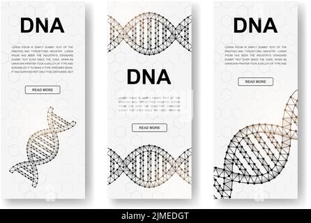 Set of three DNA spiral polygonal vertical banners. 3d Genetic helix low poly symbols with connected dots. Vertical illustration for homepage design. Stock Vector