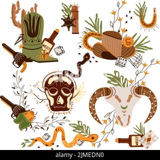 Set Wild west composition with cowboy hat, playing cards, an skull, a mystical snake, dice, gun and other. Further Old West in flat style. Vector illustration. Stock Vector