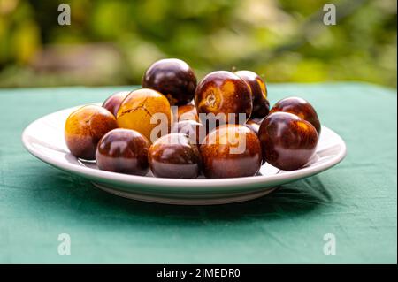 fresh cherry tomatoes of different varieties on a plate on the blurred background, close-up Stock Photo