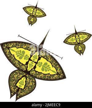 A vector illustration of two black and yellow decorated Wau Bulan Malaysian kites isolated on white Stock Vector