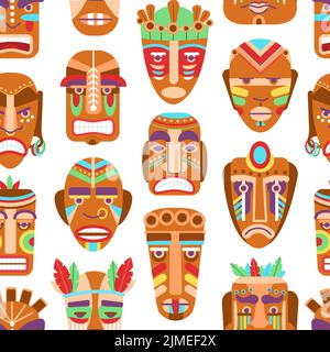 African mask background. Wood tiki hawaiian masks seamless pattern. Ethnic tribal traditional totem faces, decorative elements decent vector texture Stock Vector