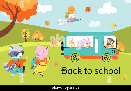 Animal back to school poster. Cute cartoon animals with backpack and books go to study. Little student friends in bus, autumn education nowaday vector Stock Vector