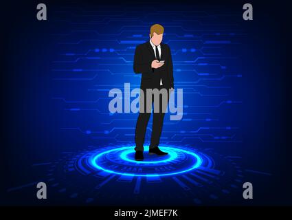 graphics design concept businessman hold smartphone connection online technology on cloud vector illustration Stock Vector