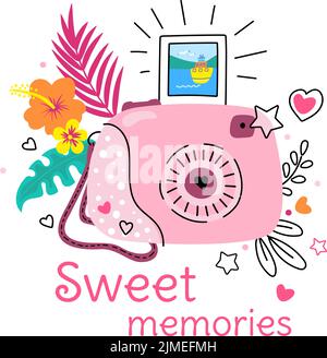 Sweet memories. Camera savings beautiful moments, t-shirt art print design. Fun slogan, fashion sticker with photo and flowers. Memory nowaday vector Stock Vector