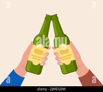 Cheers with beer bottles. Hands holding bottles with alcohol drinks. Friends toast on pub or bar party. Vector illustration Stock Vector