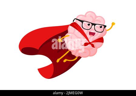 Cartoon human brain fly in sky as super hero. Clever central nervous system mascot superhero with glasses in red coat. Human mind organ character inspiration. Brainstorming and idea concept. Vector Stock Vector