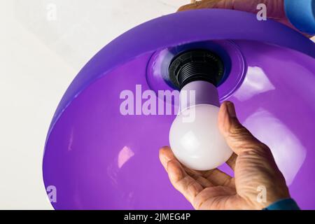 Putting led light bulb in the socket of purple pendant light. Stock Photo