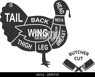 Turkey diagram cuts. Butcher scheme poster. Cuts of turkey meat. Meat ...