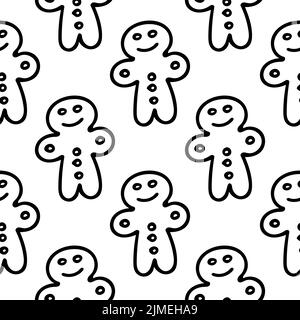 Gingerbread seamless pattern. Cute smiling Christmas cookie festive texture. Cozy winter baking line vector background Stock Vector