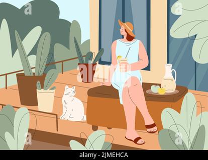 Woman on balcony relax. Terrace summer rest, slow lifestyle with cat and drink. Female on green house porch enjoy life, backyard or garden kicky Stock Vector