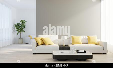 Bright modern living room with white sofa, lamp and green plant on wooden laminate. Scandinavian style, cozy interior background Stock Photo
