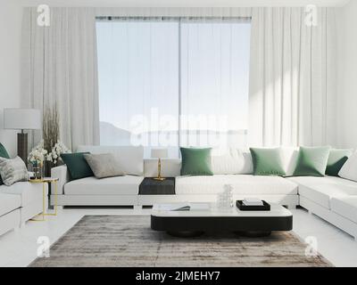 Bright modern living room with white sofa and green pillows, luxury and elegant living room mock up, 3d rendering Stock Photo