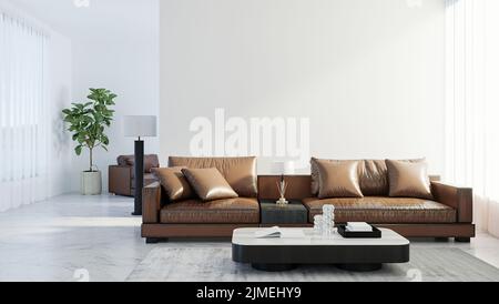 Scandinavian style living room interior mock up, modern living room interior background, brown leather sofa, 3d rendering Stock Photo