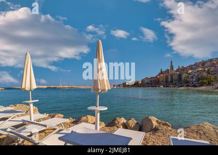 Menton France, city skyline and sand beach at Menton Stock Photo