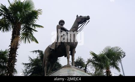 Low angle view of Mustafa Kemal Ataturk, founder of Republic of Turkey. monument and statue in Bursa. Turkey. 03.26.2021. Stock Photo