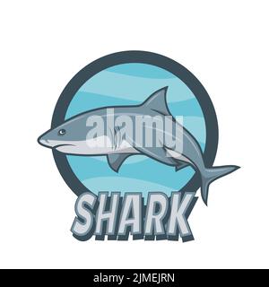 Vector Cartoon Shark Sign. Hand Drawn Colored White Shark, Logo Design. Ocean Predator. Marine, Ocean, Sea Animals. Shark Character Design for Logo Stock Vector