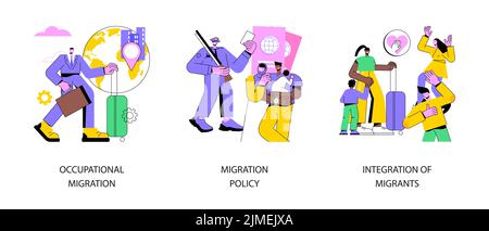 Movement of people abstract concept vector illustration set. Occupational migration, migration policy, integration of migrants, work and travel, border patrols control, passport abstract metaphor. Stock Vector