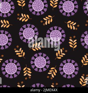 Elegant trendy floral seamless pattern design of abstract branches of leaves and mandalas. Repeat texture foliage background for surface printing Stock Vector