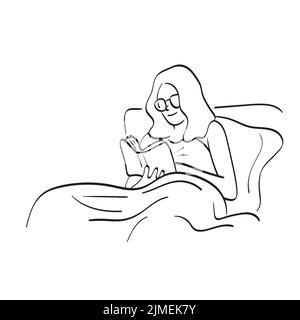 line art woman with glasses reading book on bedroom at night time illustration vector hand drawn isolated on white background Stock Vector