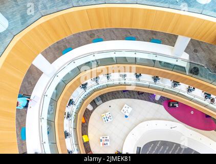 looking down on interior of modern Liverpool Central Library architecture , Liverpool, UK in Liverpool UK Stock Photo