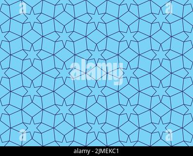 Star inside a star and 3d effect cube shapes in a repeating outline pattern in dark blue color on a light blue background, geometric vector Stock Vector