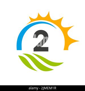 Letter 2 Agriculture Logo Vector Template. Agriculture Logo Concept with Green Field and Bright Sun Element Stock Vector