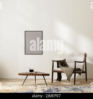 Poster  frame mock up in scandinavian minimalist interior background with armchair with blanket and coffee table, rug, empty whi Stock Photo