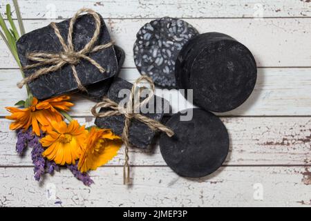 Group of handmade cosmetics with activated carbon Stock Photo