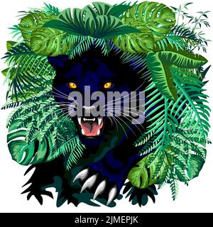A vector design of an angry black panther coming out from the Jungle on a white background Stock Vector