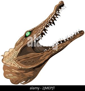 A vector icon of a portrait of a brown alligator with open jaws and green eye on white background Stock Vector
