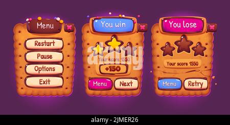 Cookie game interface cartoon set. Vector illustration of ui elements, menu, player level score, win, lose banners and options buttons. Creative collection of mobile and computer app window design Stock Vector